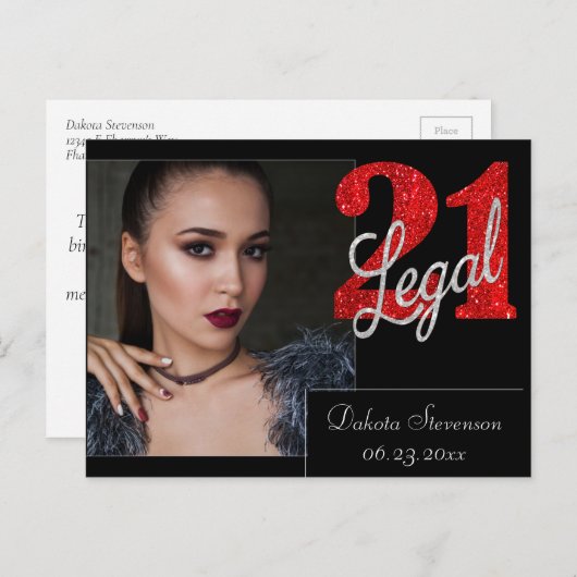 21および法律 |赤いフェイクグリッター写真ありがとう ポストカード (正面/裏面)