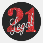 21および法律 |赤フェイクグリッター21歳の誕生日 ラウンドシール (正面)
