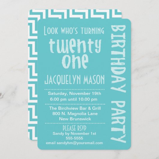 21の誕生日の招待状を回している青い一見 招待状 (正面/裏面)