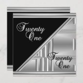 21エレガント日21バースデーパーティーブラックシルバーデコ 招待状 (正面/裏面)