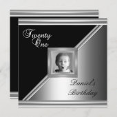 21エレガント日21誕生日パーティーブラックシルバーデコ4 招待状 (正面/裏面)