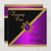 21エレガント日21誕生日マゼンタジェムブラック金ゴールド 招待状 (正面/裏面)