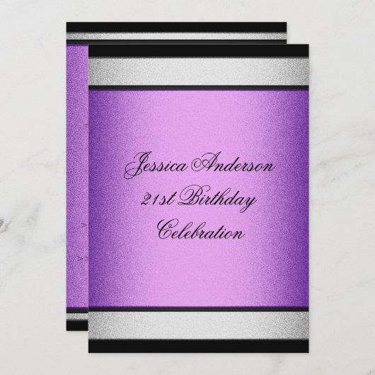 21エレガント歳誕生日ブラックパープル&シルバーメタル 招待状 (正面/裏面)