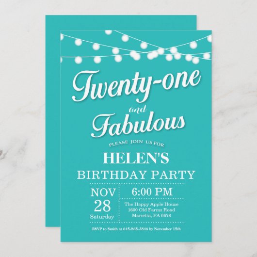 21ストバースデー招待状アクアターコイズファボウス 招待状 (正面/裏面)
