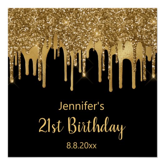 21ハッピーバースデーブラック金ゴールドグリッター スタイリッシュ ポスター (正面)