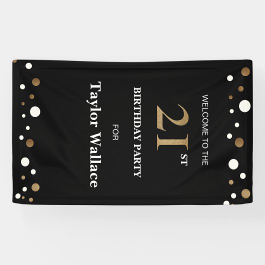 21パーソナライズされた歳の誕生日金ゴールドと黒点 横断幕 (横)