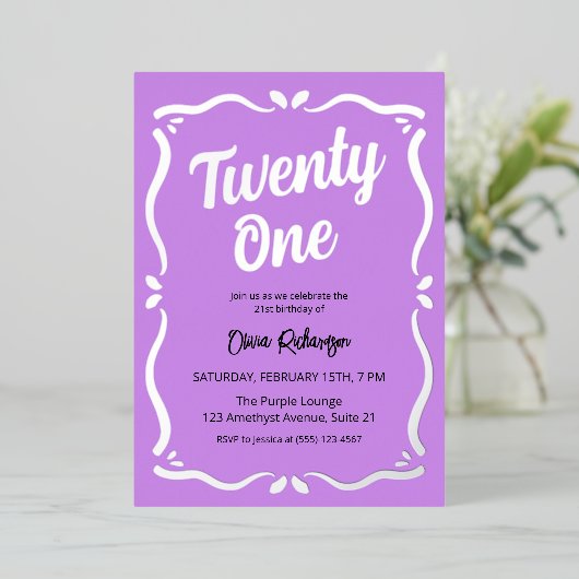 21パープルブラックタイポグラフィ21歳 箔招待状 (立ち正面)