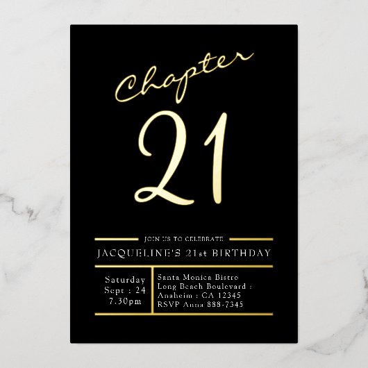 21ブラック金ゴールド21歳の誕生日パーティー金ゴールド 箔招待状 (正面)