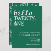 21メンズバースデーパーティーハロー二十一グリーン 招待状 (正面/裏面)