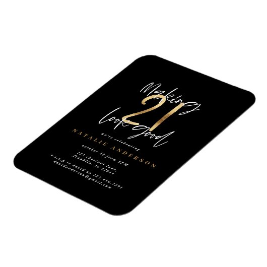 21モダン歳の誕生日タイポグラフィブラックと金ゴールド マグネット (左側)