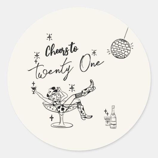 21レトロ手描き沿岸牛ガール誕生日 ラウンドシール (正面)