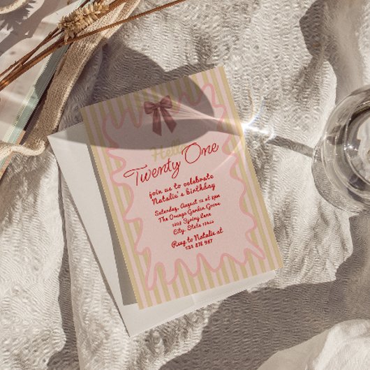 21レトロ描Bow Wavy Frameフォト誕生日 招待状