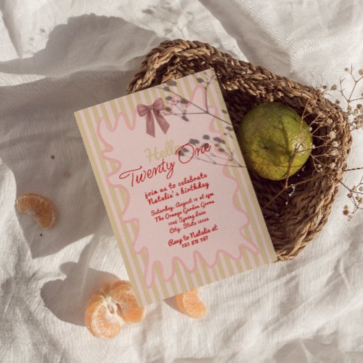 21レトロ描Bow Wavy Frameフォト誕生日 招待状