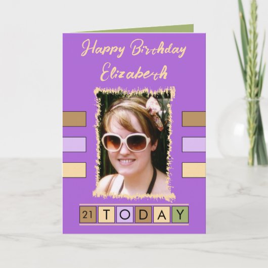 21今日の追加フォトエイジ名パープル誕生日 カード (正面)