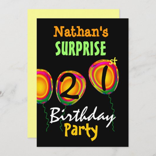 21回サプライズ誕生日パーティーバルーン招待状 招待状 (正面/裏面)