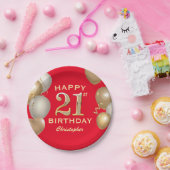 21回誕生日パーティー赤と金ゴールドバルーン ペーパープレート (パーティー)