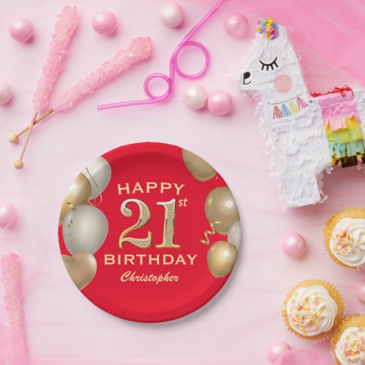 21回誕生日パーティー赤と金ゴールドバルーン ペーパープレート (パーティー)