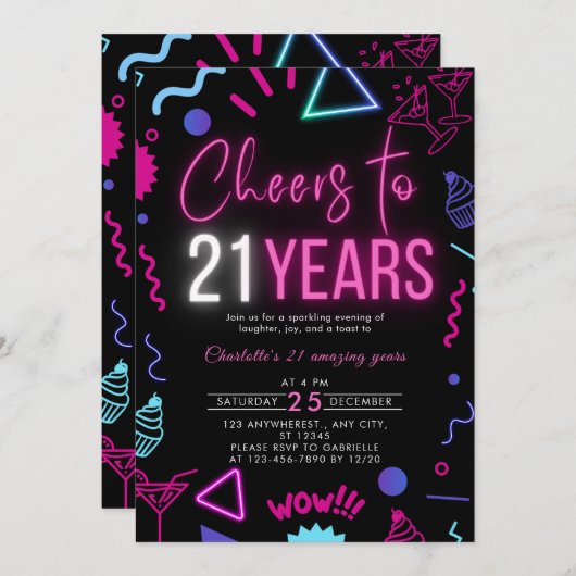 21年モダン間21歳の誕生日にネオン応援 招待状 (正面/裏面)