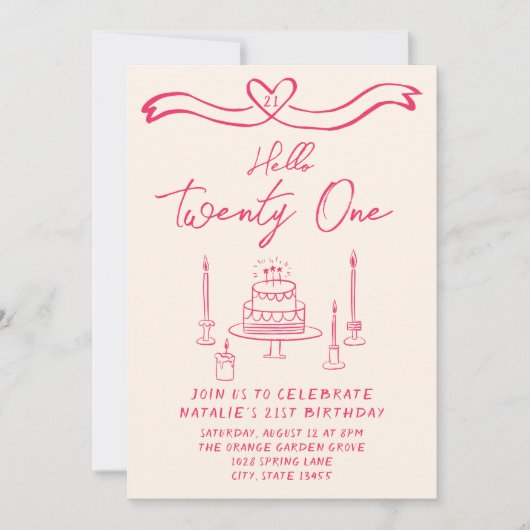 21手描きケーキこんにちは21誕生日 招待状 (正面)