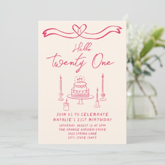 21手描きケーキこんにちは21誕生日 招待状 (スタンド正面)