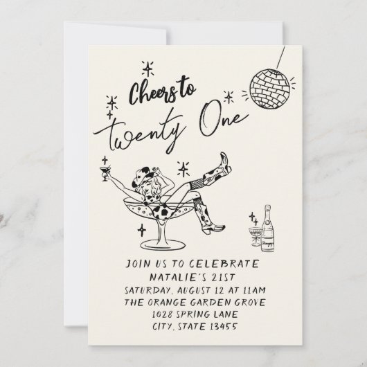 21手描き女性のカーボーイ沿岸写真誕生日 招待状 (正面)