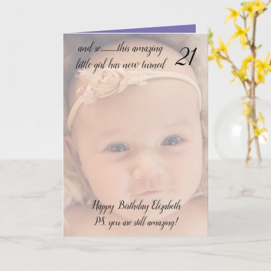 21日も素晴らしい紫と黒の誕生日の写真 カード (黄色い花)