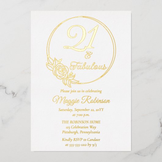 21歳と素晴らしい21歳の誕生日パーティースタンプ 箔招待状 (正面)