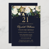 21歳のバースデーエレガントネイビー金ゴールドフローラ招待状 招待状 (正面/裏面)