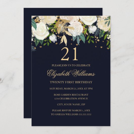 21歳のバースデーエレガントネイビー金ゴールドフローラ招待状 招待状 (正面/裏面)