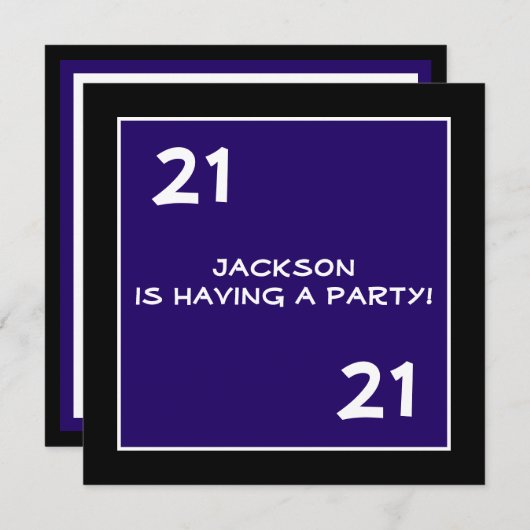 21歳の男性誕生日シンプルパーティー濃い青 招待状 (正面/裏面)