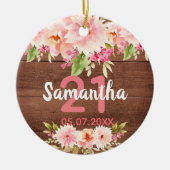 21歳の素朴な茶色の木のピンクの花模様 セラミックオーナメント (正面)