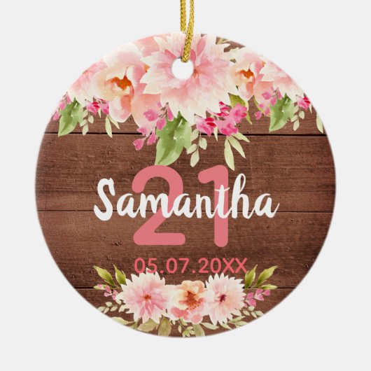 21歳の素朴な茶色の木のピンクの花模様 セラミックオーナメント (正面)