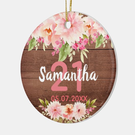 21歳の素朴な茶色の木のピンクの花模様 セラミックオーナメント (左)