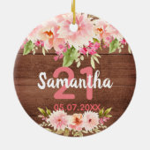 21歳の素朴な茶色の木のピンクの花模様 セラミックオーナメント (裏面)