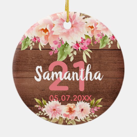 21歳の素朴な茶色の木のピンクの花模様 セラミックオーナメント (裏面)