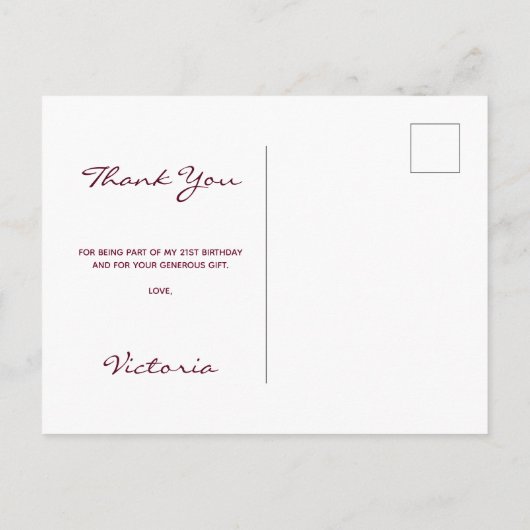 21歳の誕生日ありがとうバーガンディフローラホワイト ポストカード