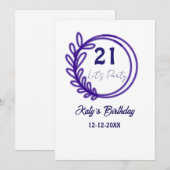 21歳の誕生日おめでとう パープルフラワーリングサークル 招待状 (正面/裏面)