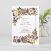 21歳の誕生日おめでとう パープル+イエロー+アイボリーの花と葉 招待状 (スタンド正面)