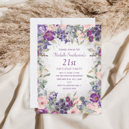 21歳の誕生日おめでとう パープル ブラッシュピンクの花と葉 招待状