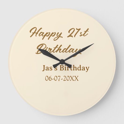 21歳の誕生日おめでとう ブラウン パステル イエロー 名前 日付  ラージ壁時計 (正面)