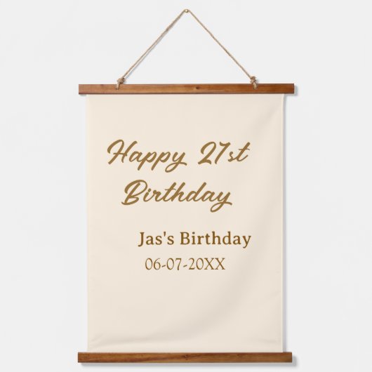 21歳の誕生日おめでとう ブラウン パステル イエロー 名前 日付  吊り下げ型タペストリー (正面)