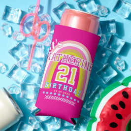 21歳の誕生日おめでとう ホットピンク レインボー スリム缶クーラー