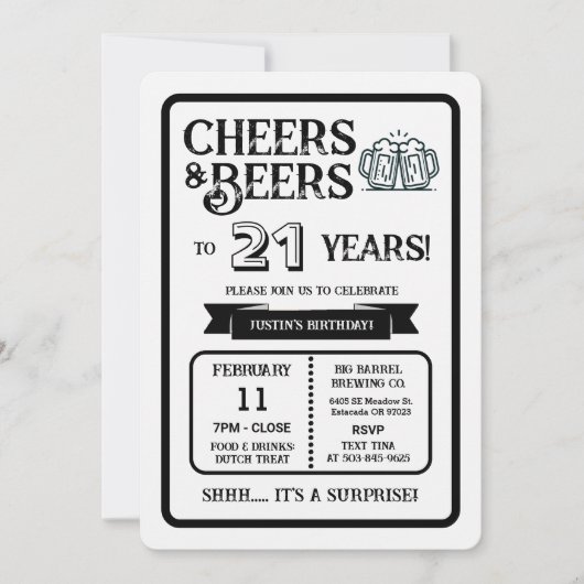 21歳の誕生日おめでとう Brewery Surprise Cheers and Beers 招待状 (正面)