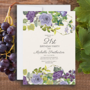 21歳の誕生日おめでとう Purple Floral Green Leaves 招待状