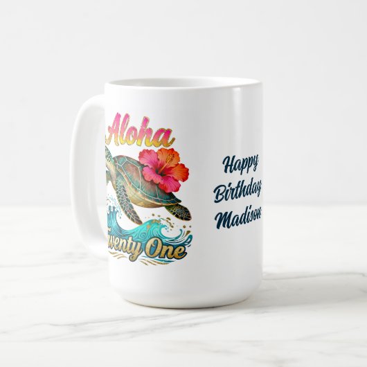 21歳の誕生日お祝いトロピカルウミガメデザイン コーヒーマグカップ (正面左)