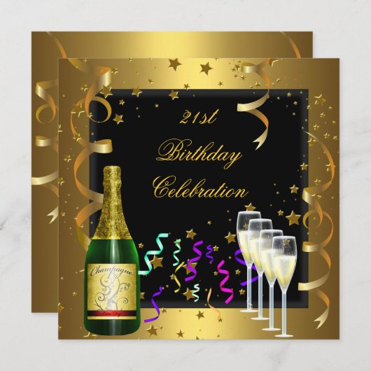 21歳の誕生日お祝い金ゴールドブラックシャンパン 招待状 (正面/裏面)