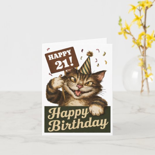 21歳の誕生日かわいいおもしろい猫ヴィンテージ カード (黄色い花)