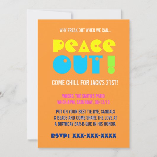 21歳の誕生日が平和を冷やすパーティの招待状 招待状 (裏面)