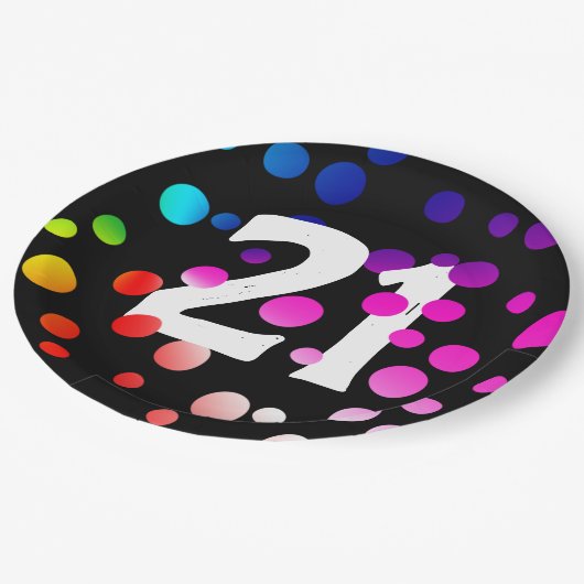 21歳の誕生日に輝く虹のドット ペーパープレート (アングル)