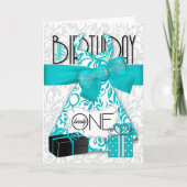 21歳の誕生日のための彼女のトレンディーきらきら光るターコイズドレス カード (正面)